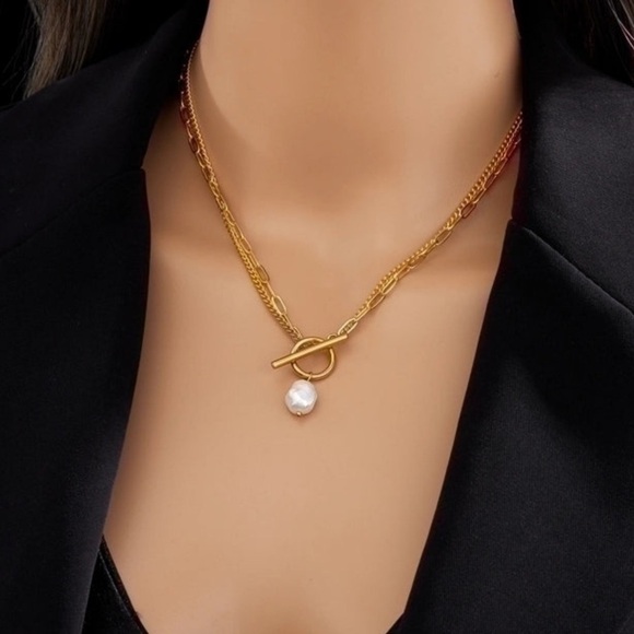 Stainless Steel Artificial Pearls 18K Gold Plated Layered Necklace - Picture 1 of 2